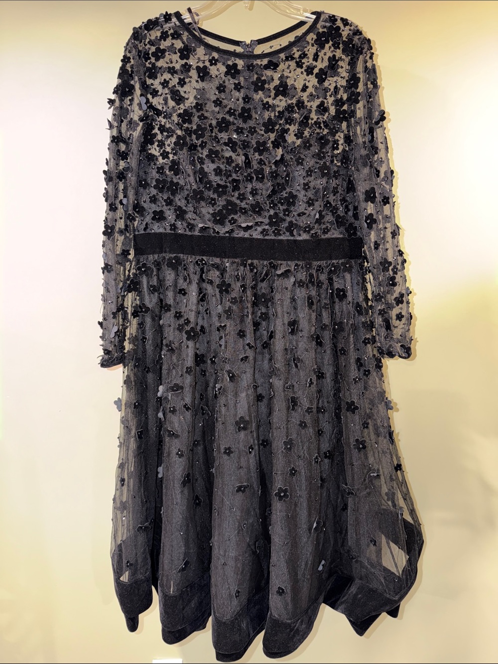 Mac Duggal Black Floral Appliqué Long Sleeve Tulle Midi Dress